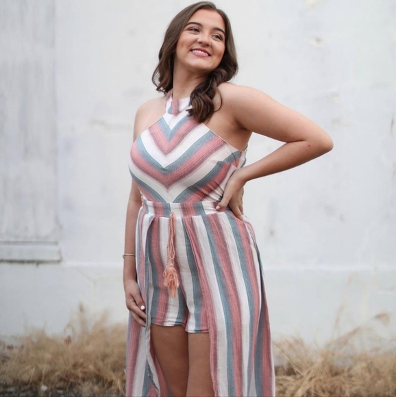 Crystal Sky Halter Neck SleevelessFlare Leg Striped Tasseled Jumpsuit Size 5